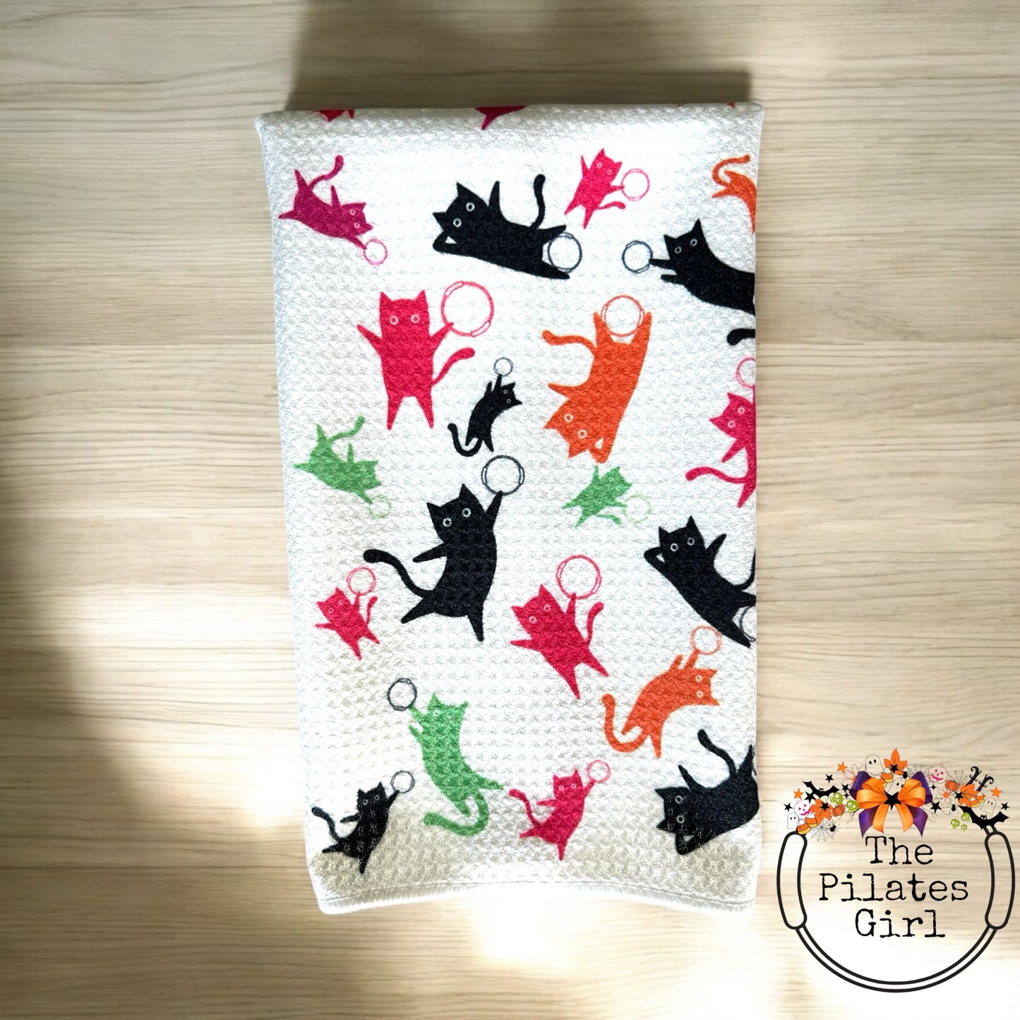 Pilates Cat towel set. Fun Pilates Halloween towel set