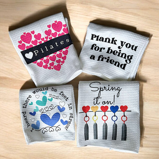 Pilates Towels set of 4, Heard There Would be Feet in Straps, Plank you for being a friend, Pilates Heart, Spring it on waffle weave towel set, pilates gifts
