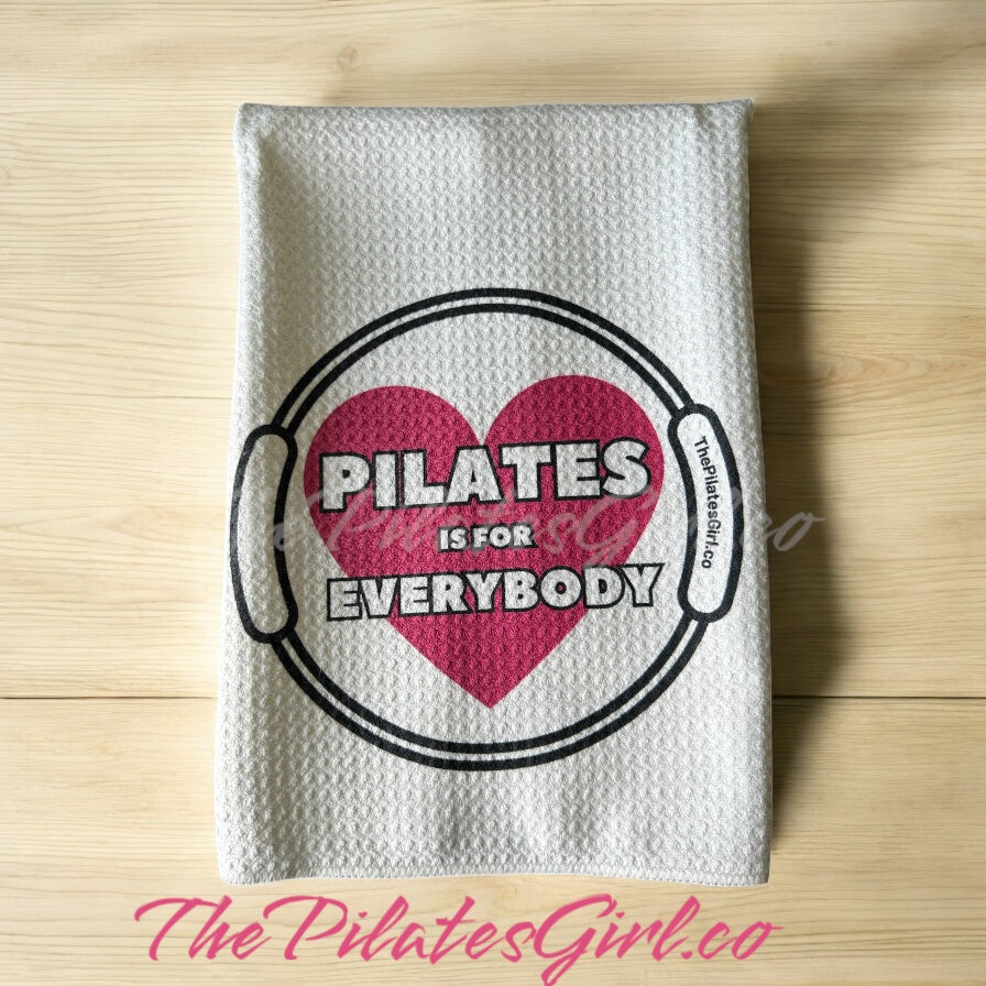 "Pilates is for Everybody Pink heart towel, Pilates instructor gifts, Pilates for all