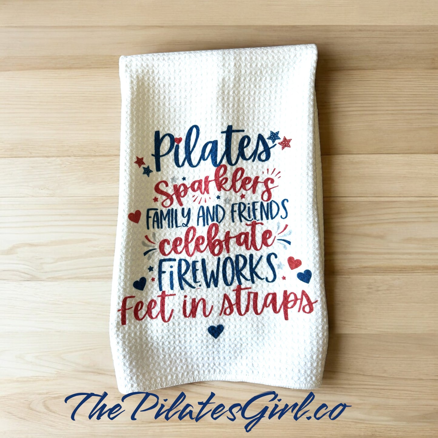 4th of July Pilates towel, Pilates sparklers, feet in straps towel