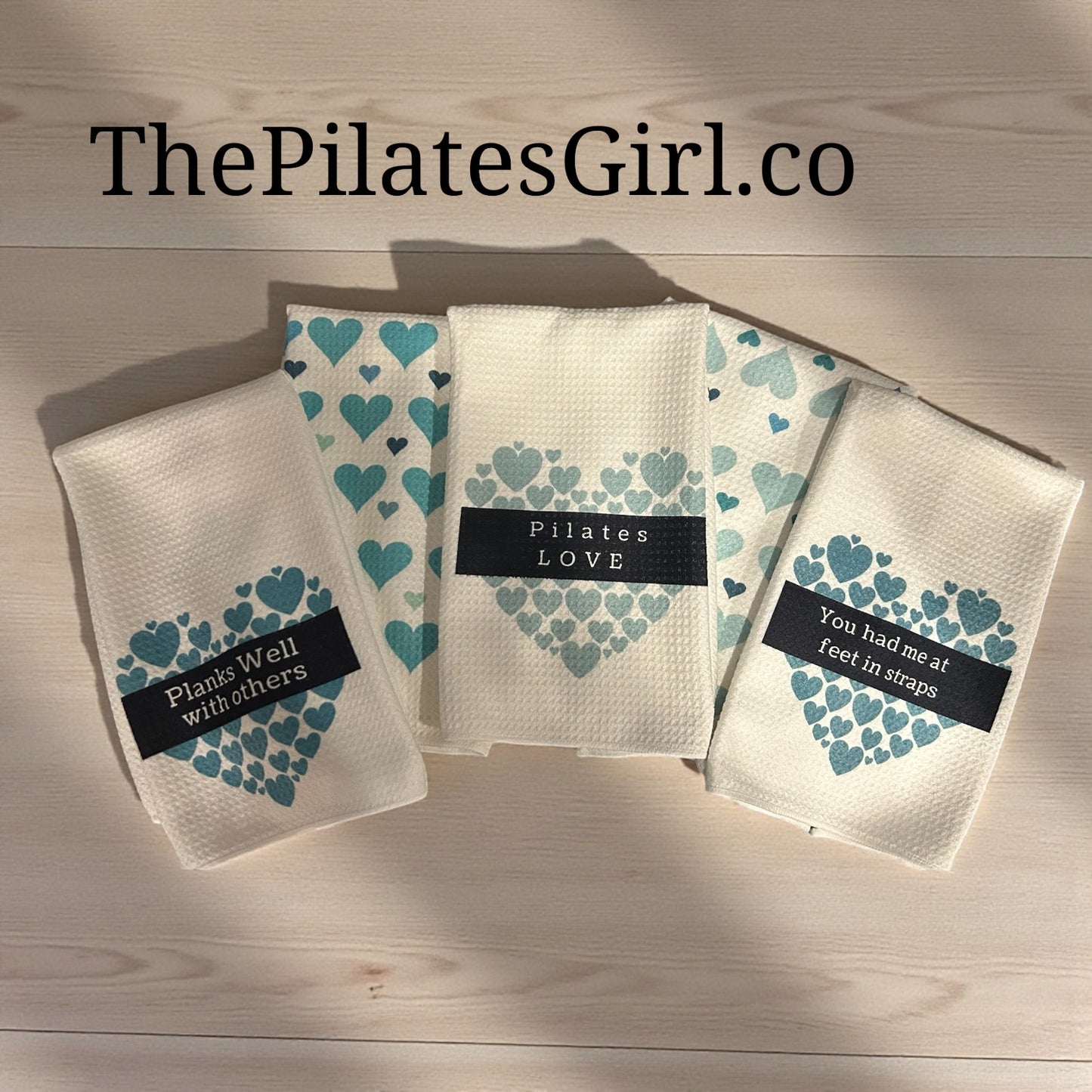 Pilates Love Towel Set - 5 Teal Towels with Funny Sayings | ThePilatesGirl