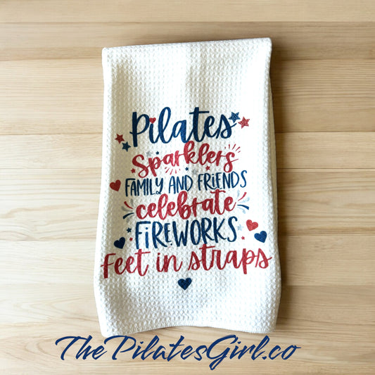 4th of July Pilates towel, Pilates sparklers, feet in straps towel