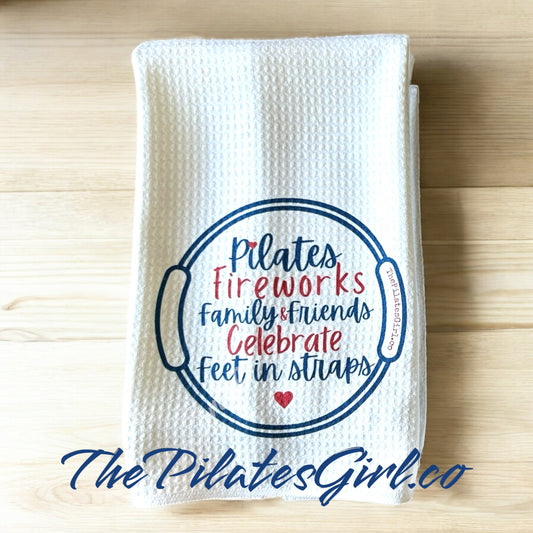 4th of July Pilates towel, Pilates sparklers, feet in straps towel