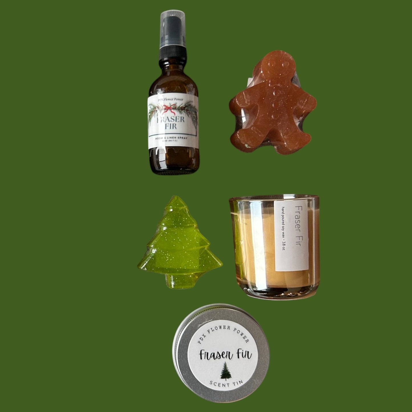 Pi la la test  gift set, Fraser fir candle, room spray, tree soap, gingerbread man soap