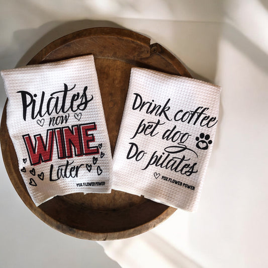 Pilates Now wine later/ Drink coffee, pet dog, do pilates. Fun pilates towel set, Pilates, wine, dog lover.