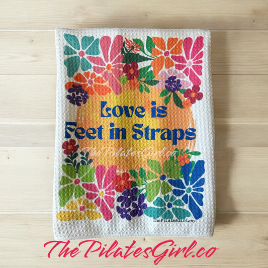 Love is feet in straps towel, Floral Pilates towel, feet in straps, pilates gifts